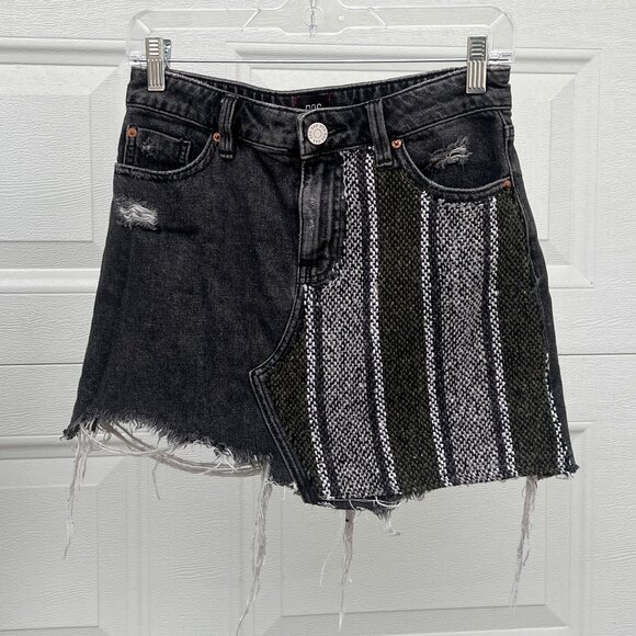 Reworked Black Distressed Denim Cut Off Skirt With Baja Stripe Patch Size Small - Picture 1 of 2